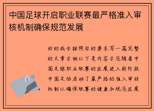 中国足球开启职业联赛最严格准入审核机制确保规范发展